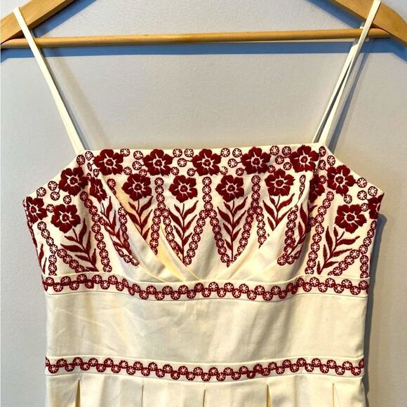 NWOT Ann Taylor Ivory Burgundy Red Embroidered Floral Box Pleat Sun Dress 2 - Picture 3 of 10